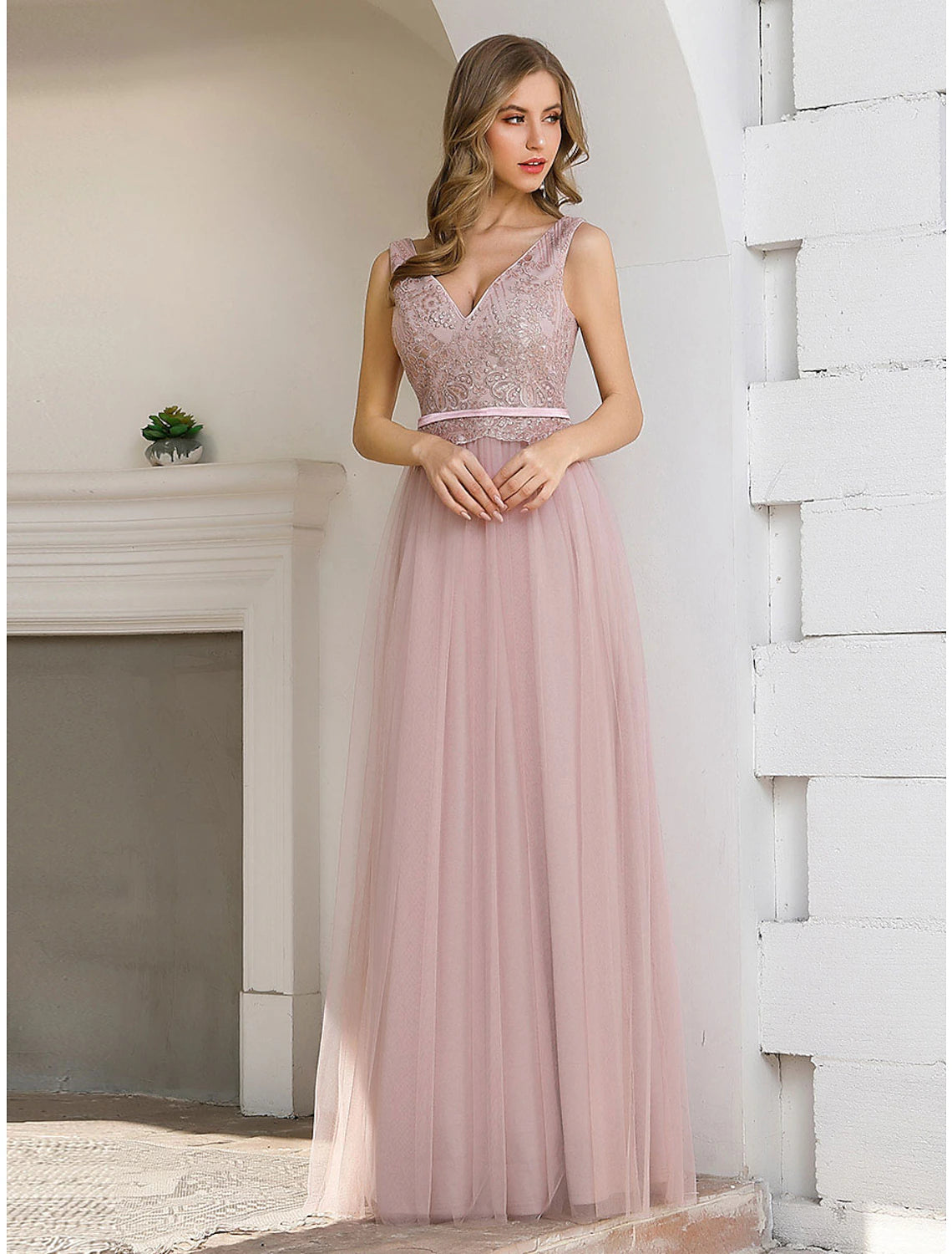 Wholesale  A-Line Evening Gown Elegant Dress Wedding Guest Formal Evening Floor Length Sleeveless V Neck Satin V Back with Sash / Ribbon Sequin